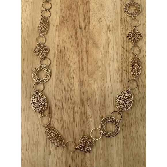 Ballet Gold Tone Hammered Metal Long Chain Link Necklace Fashion Jewelry NEW - Picture 6 of 12